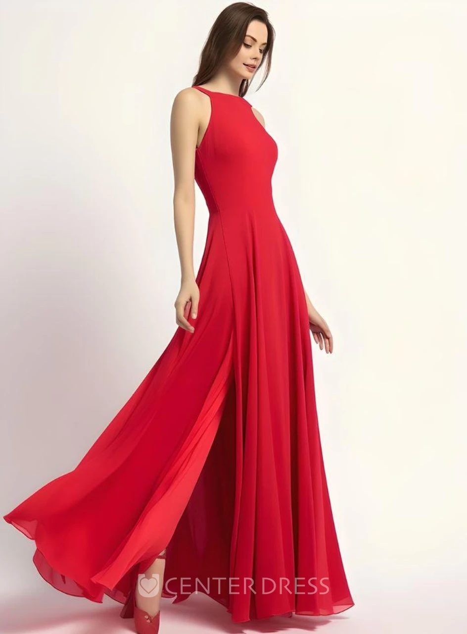 Casual A-Line Chiffon Bridesmaid Dress with Halter Neck and Split Front 2025 Simple