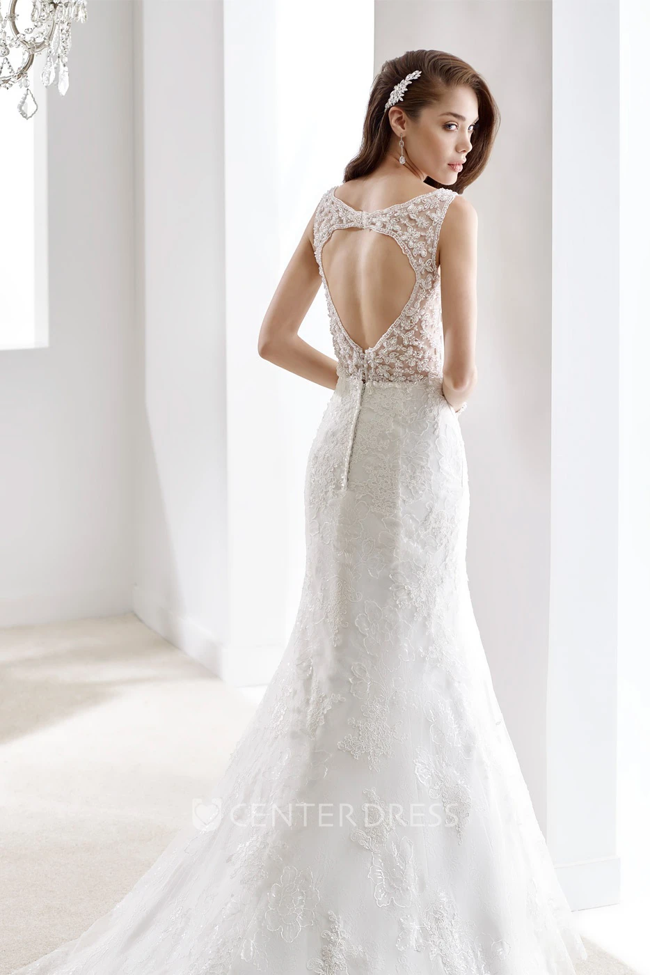 V-neck Cap sleeve Sheath Wedding Gown with Keyhole Back and Illusive Lace Straps