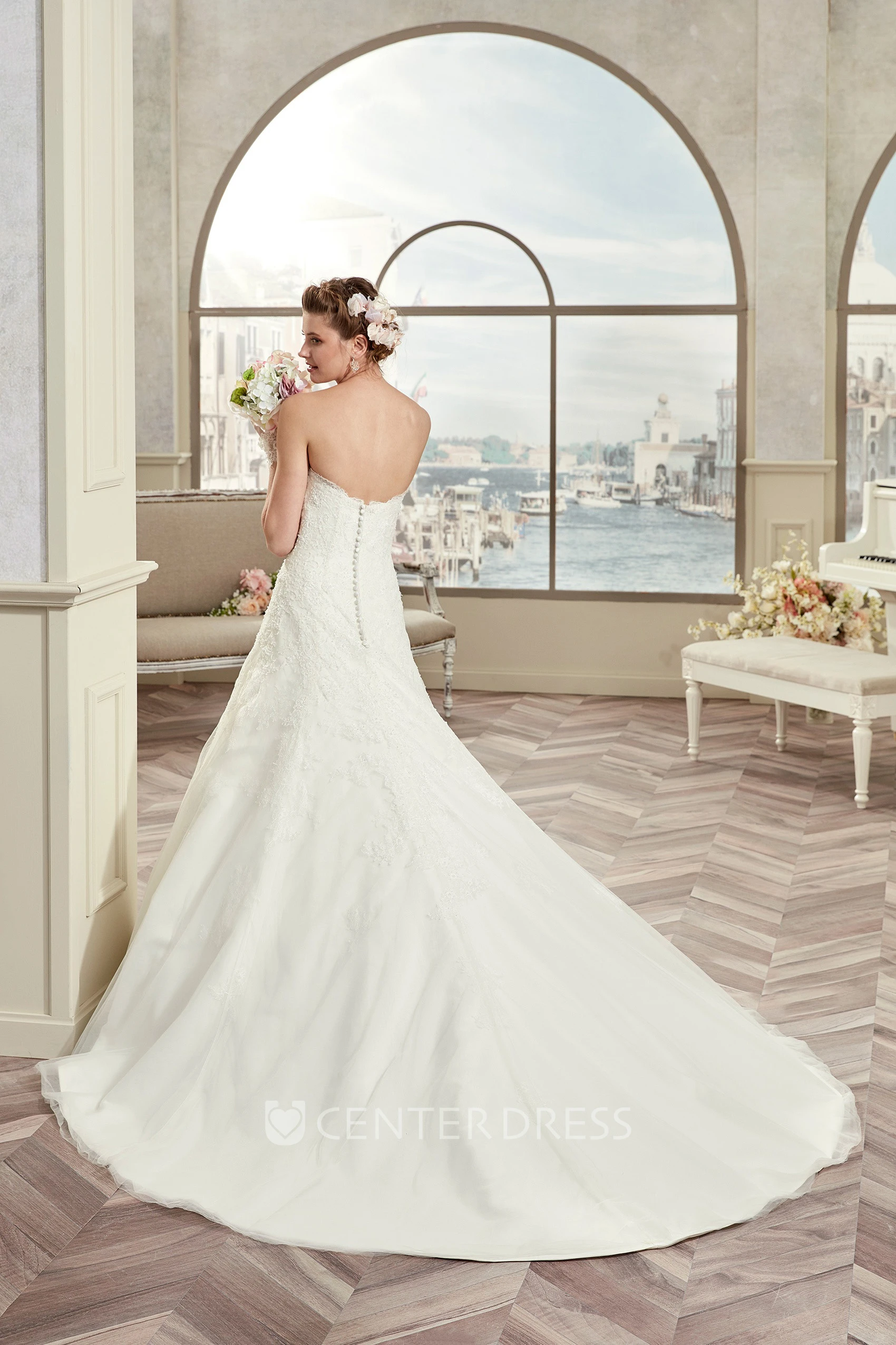 Strapless A-Line Lace Bridal Gown With Open Back And Brush Train