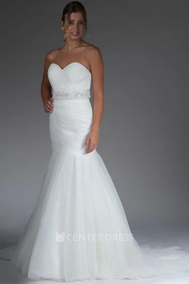 Sweetheart Mermaid Tulle Bridal Gown With Removable Crystal Sash