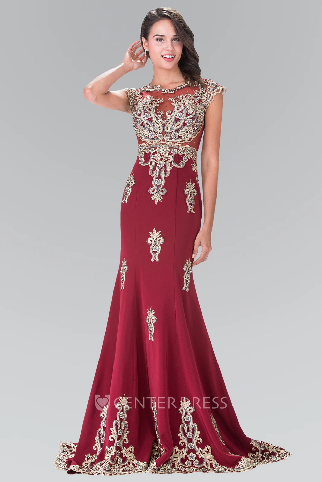 Trumpet Scoop-Neck Cap-Sleeve Jersey Dress With Appliques And Beading