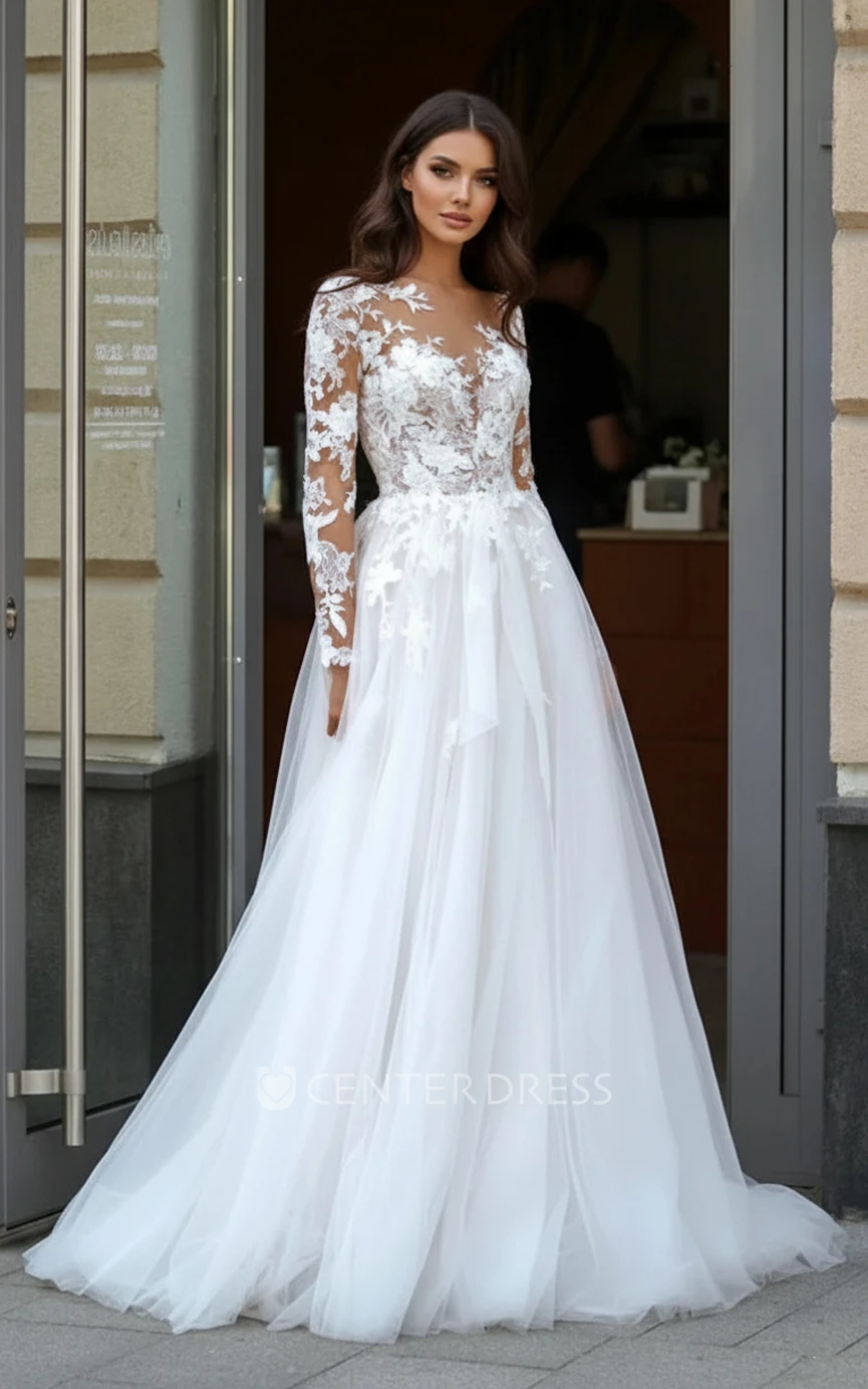 Romantic Lace Applique A-Line Wedding Dress with Long Sleeves V Neck and Train Backless Tulle Bridal Gown