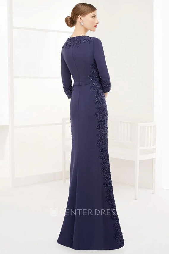 Sheath Maxi Appliqued V-Neck 3-4-Sleeve Prom Dress With Beading