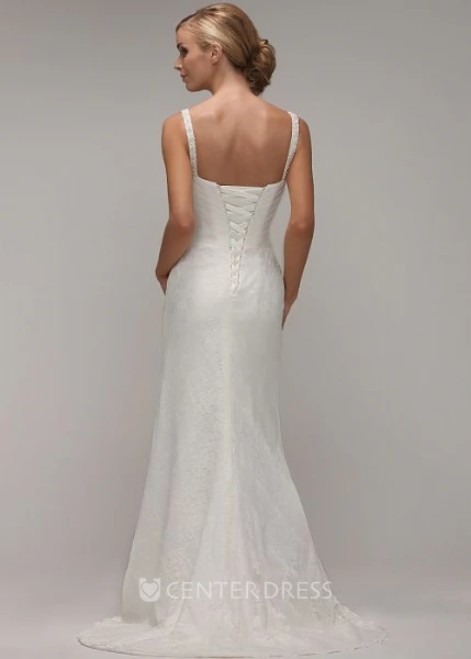 Sheath Sleeveless Spaghetti Long Criss-Cross Lace Wedding Dress With Flower And Appliques