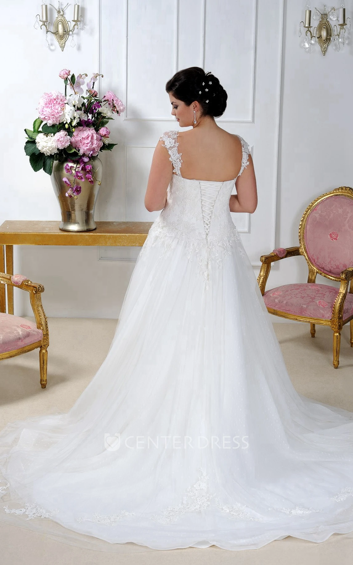 Lace Caped-Sleeve A-Line Pleated Gown With Appliques