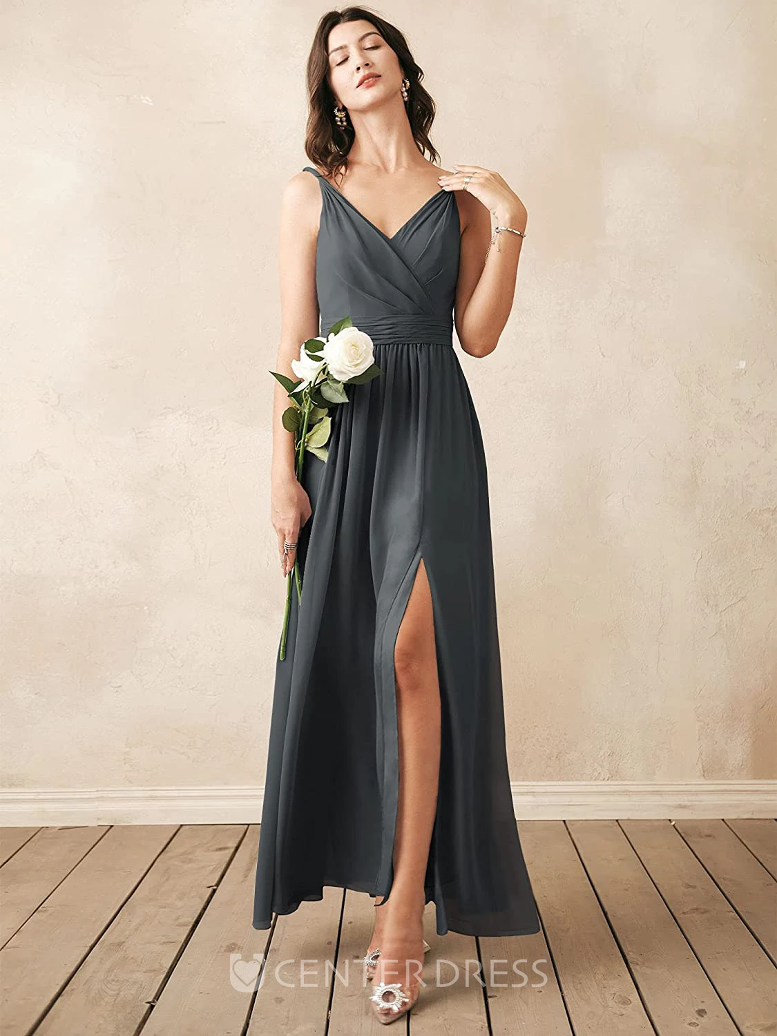 Romantic Chiffon Ankle-length V-neck A Line Sleeveless Bridesmaid Dress With Ruching