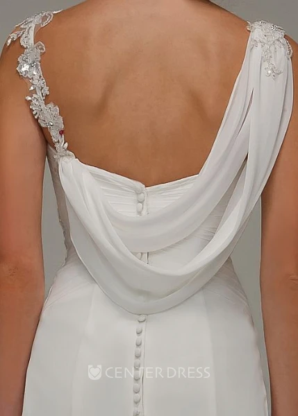 Sheath Appliqued Long V-Neck Sleeveless Chiffon Wedding Dress With Draping And Ruching