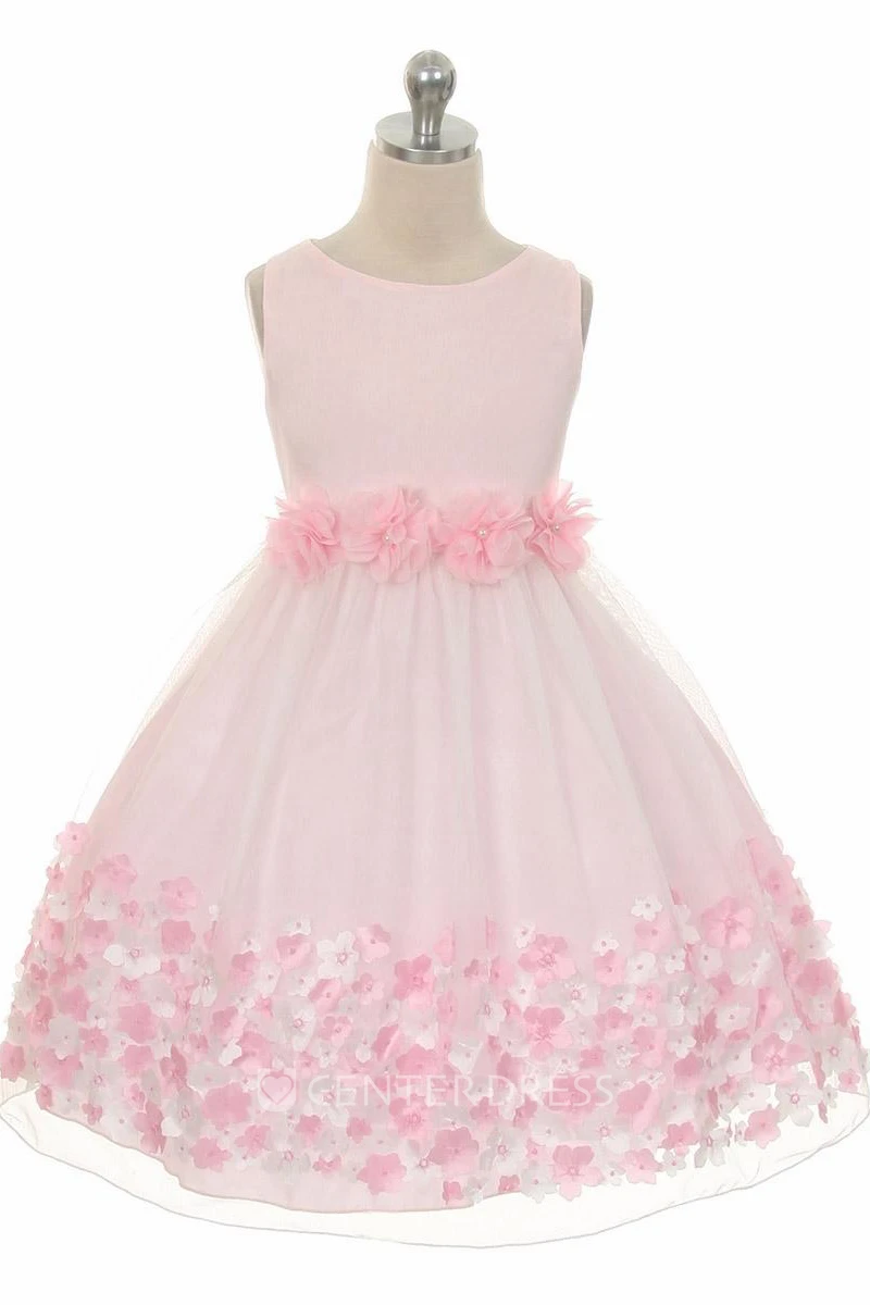Tea-Length Tiered Chiffon&Satin Flower Girl Dress