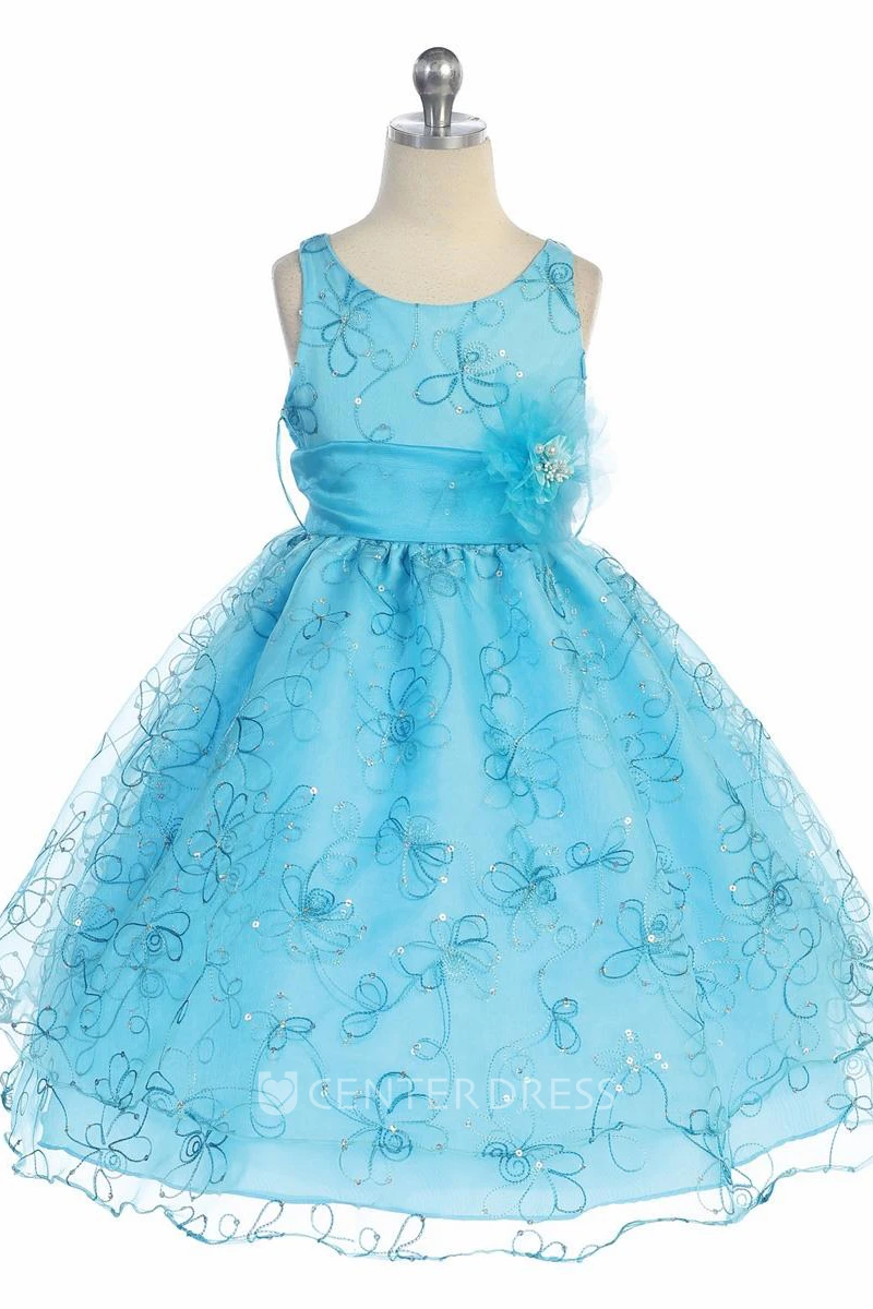 Tea-Length Embroideried Floral Sequins&Organza Flower Girl Dress With Sash