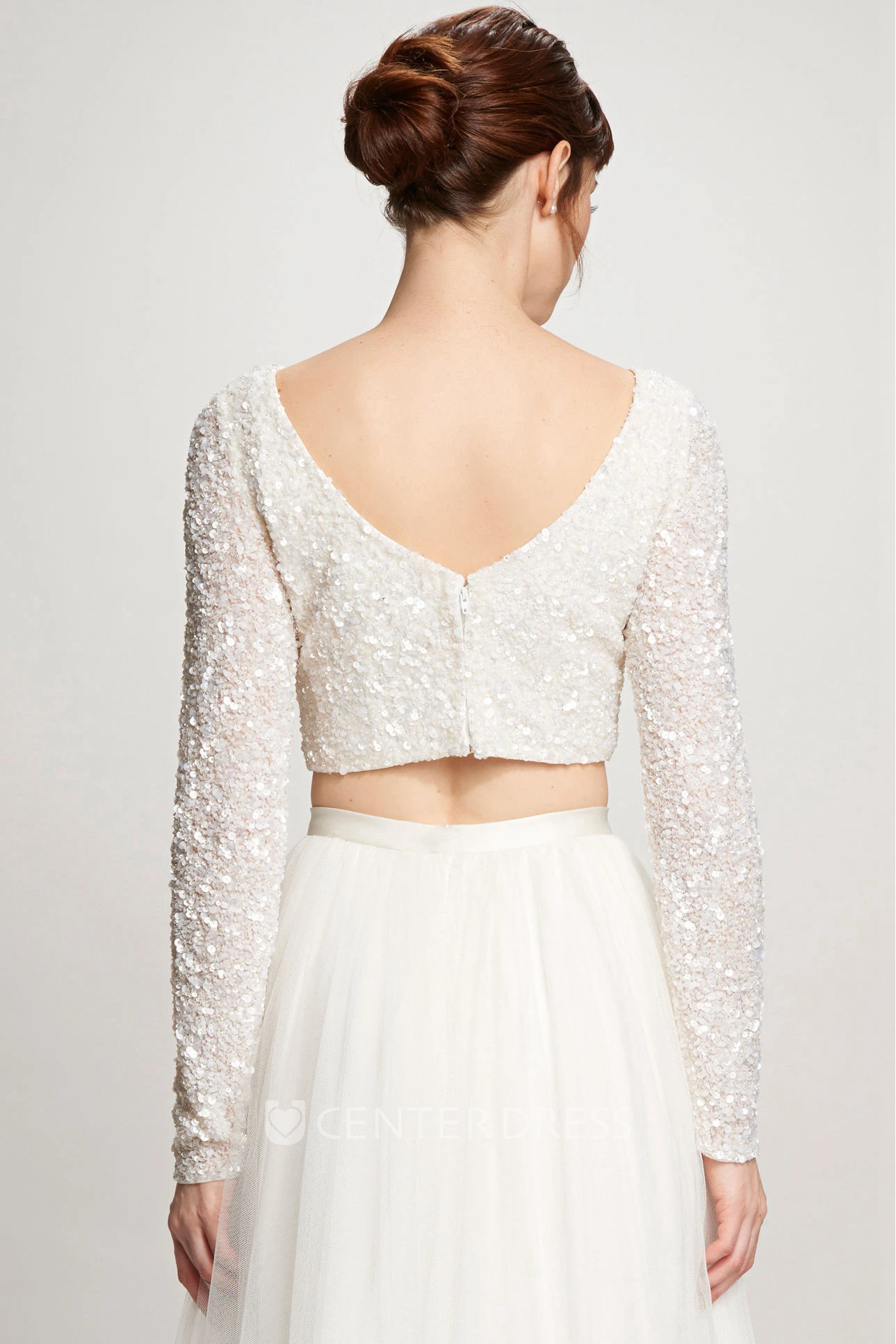 A-Line Long-Sleeve High Neck Floor-Length Tulle Wedding Dress With Sequins And V Back