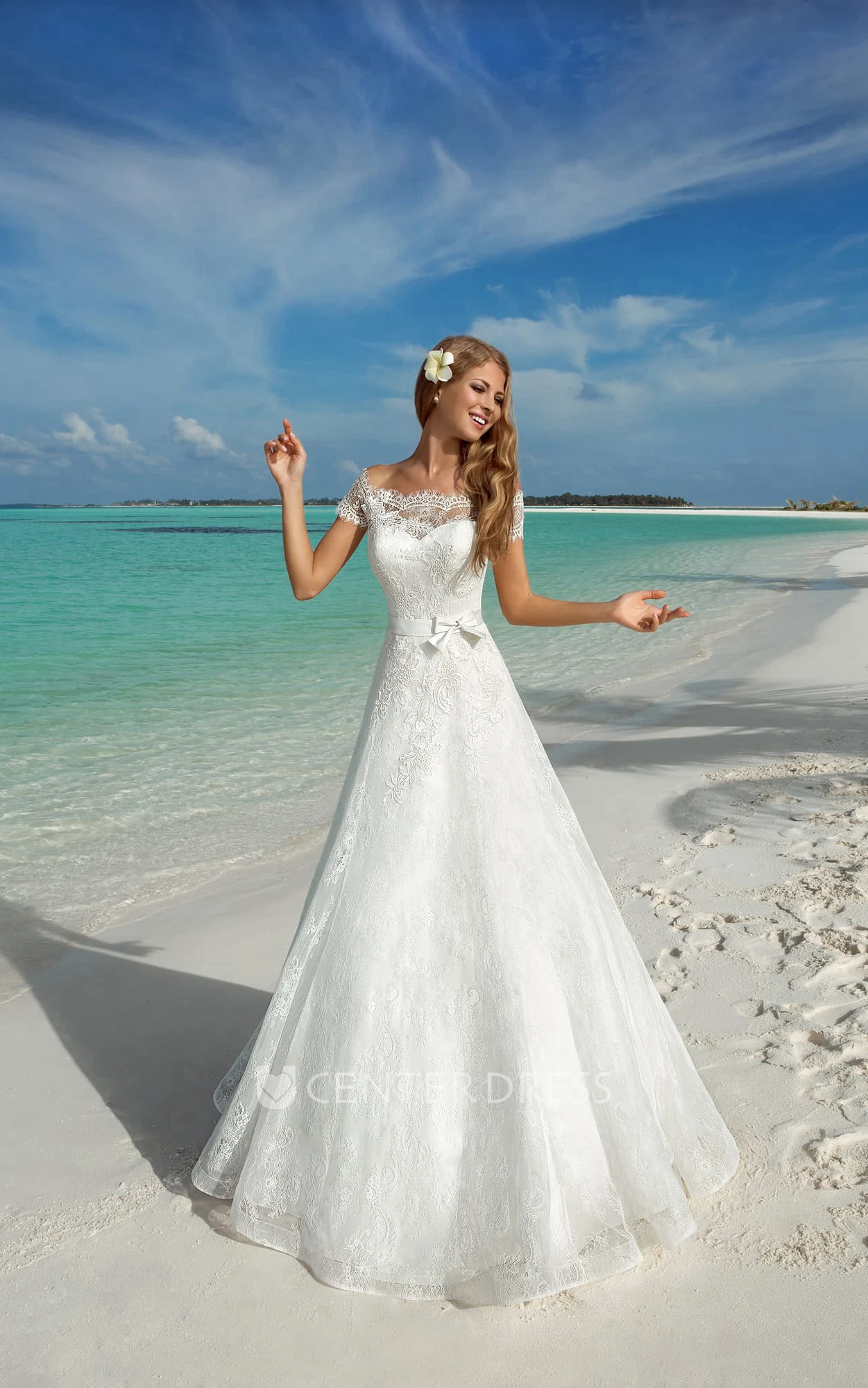 A-Line Long Off-The-Shoulder Short-Sleeve Corset-Back Lace Dress With Bow And Sash
