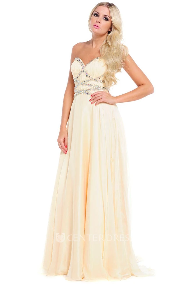 A-Line Floor-Length Sweetheart Sleeveless Beaded Tulle&Satin Prom Dress With Ruching