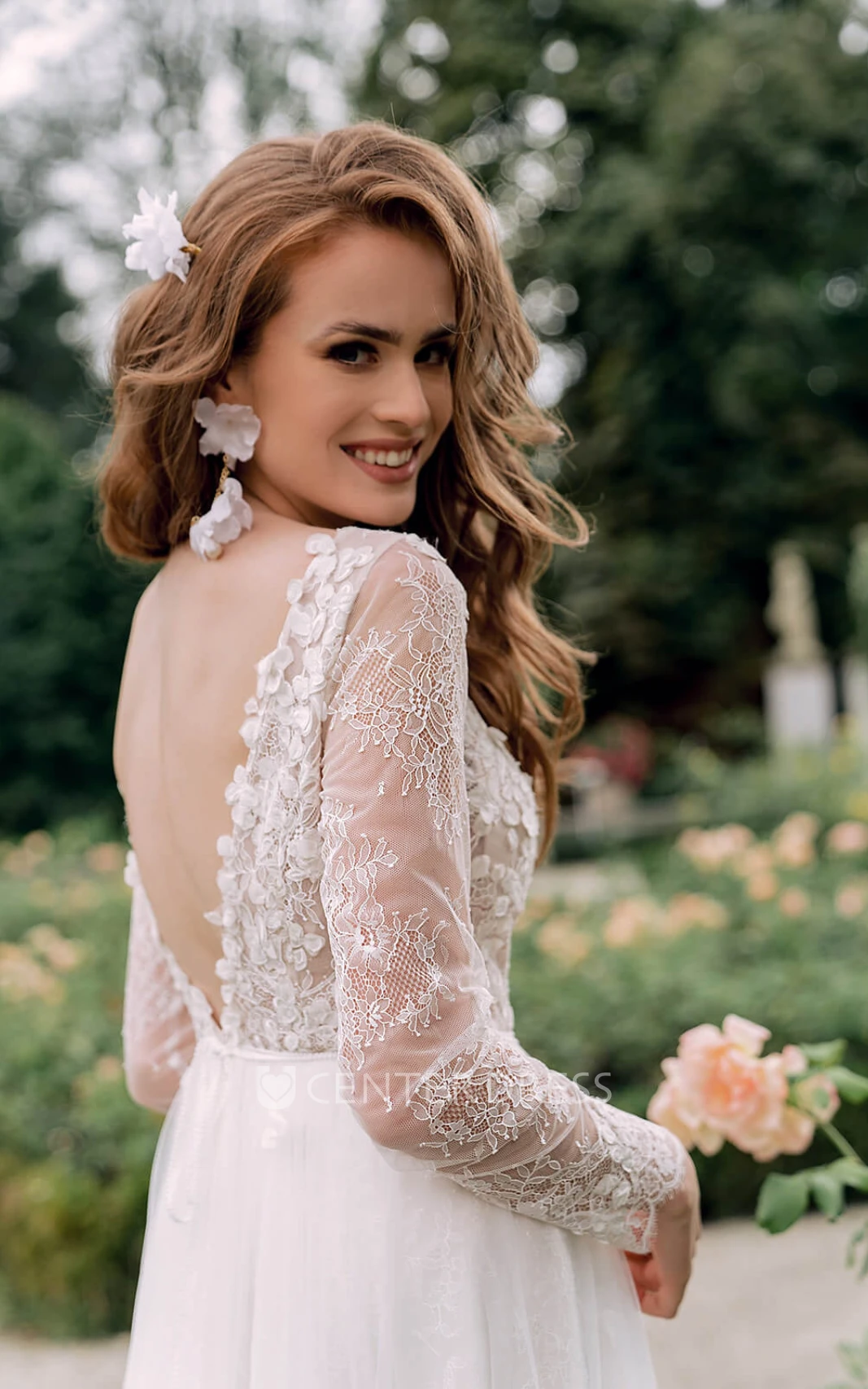 Bohemian V-Neck Chiffon Lace Beach Spring Wedding Dress with A-Line and Illusion Back