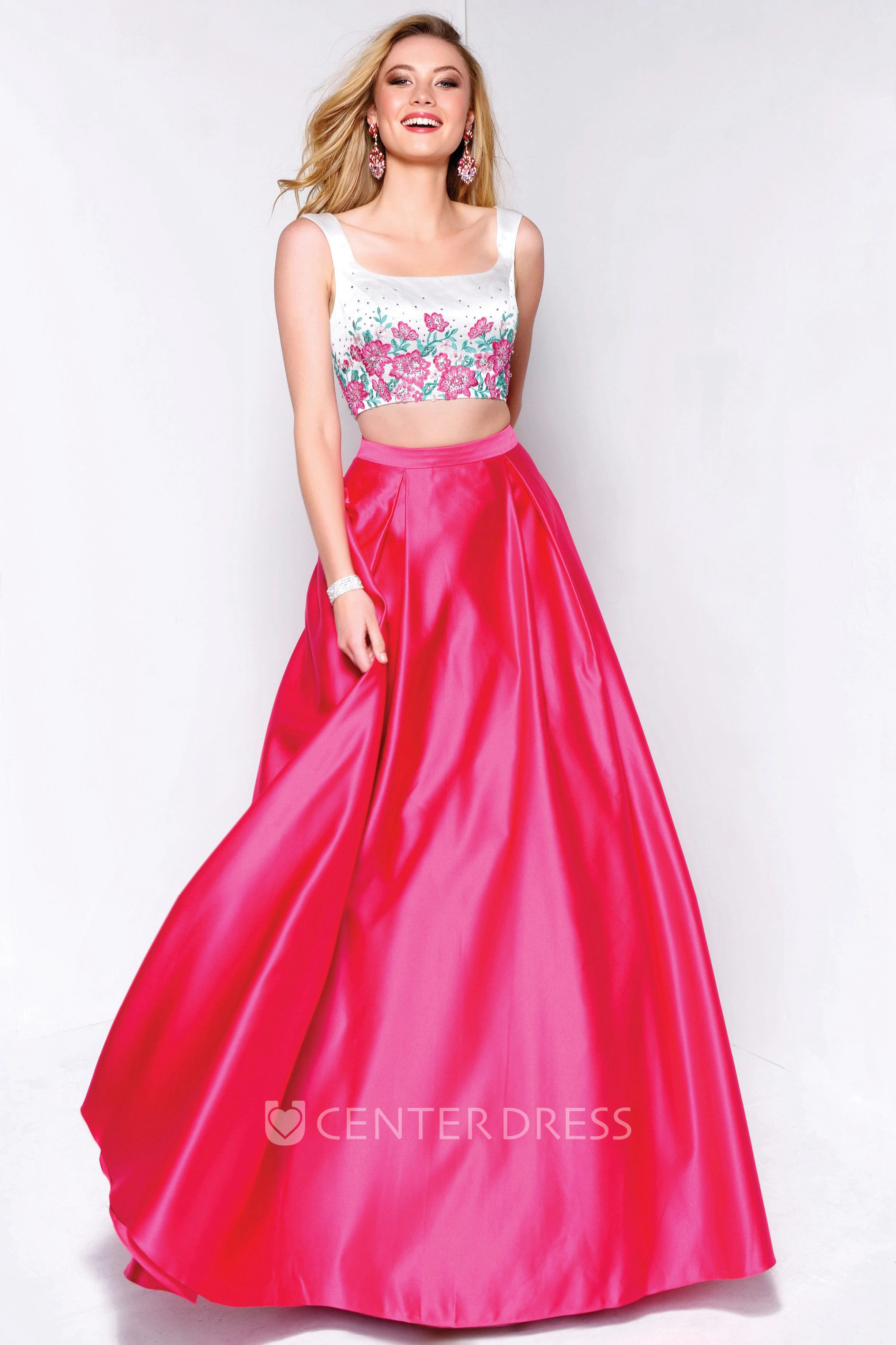 A-Line Sleeveless Satin Low-V Back Dress With Appliques And Flower