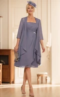 Vintage Modest A-Line Two Pieces Midi Mother of the Bride Dress Elegant Square Neckline Zipper Back Gown with Pleats