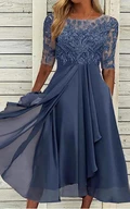 Vintage Modest Half Sleeve Tea-length A-Line Mother of the Bride Dress Lace Chiffon