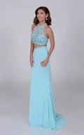 A-Line Jersey Crop Top Sleeveless Prom Dress With Keyhole Back And Crystal Bodice