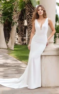 Simple Elegant Mermaid V-neck Satin Beading Draping Bridal Dress Solid Sexy Vow Renewal Floor-length Sleeveless Low-V Back with Button Wedding Gown