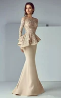 Long Sleeve Mermaid Bateau Floor-length Satin Lace Mother of the Bride Dress with Peplum