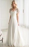 Minimalist Long-Sleeve Wedding Dress with an Ethereal Sweetheart Neckline and a Tied Back