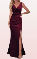 Casual V-neck Satin Sleeveless Sheath Guest Dress With Split Front and Ruching
