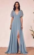 Modest Chiffon A-Line V-neck Bridesmaid Dress with Front Split Simple Wedding Dress
