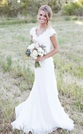 Cap Sleeve V-neck Sheath Chiffon Country Wedding Dress With Lace Bodice and Sash