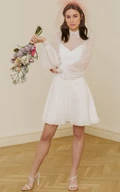 Casual Lace Short Long Sleeve A Line Jewel Wedding Dress with Bow
