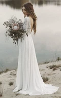 Simple A-line Wedding Dress with Lace Long Sleeves And V-neck