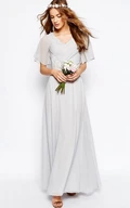 Ankle-Length Ruched V-Neck Poet Sleeve Chiffon Bridesmaid Dress With Appliques