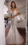 Lace Mermaid Beach Wedding Dress with Plunging Neckline and Zipper Sexy & Elegant
