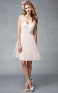 Short A-Line Ruched Sleeveless V-Neck Tulle Bridesmaid Dress