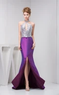 Halter Sleeveless Front-Split Satin Mermaid Prom Dress with Sequins and Keyhole