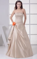 Strapless Side Draping A-Line Satin Evening Gown with Flower and Beading