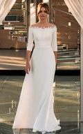 Satin Off-the-shoulder Sheath 3/4 Length Sleeve Floor-length Wedding Dress With Appliques