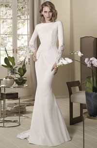 Sheath Long-Sleeve High-Neck Appliqued Floor-Length Jersey Wedding Dress