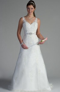 V Neck Appliqued Top A-Line Tulle Bridal Gown With Sequins And Crystals