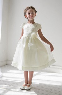 Tea-Length Tiered Floral Lace&Organza Flower Girl Dress With Sash