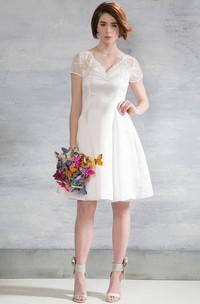 Midi V-Neck Appliqued Cap-Sleeve Satin Wedding Dress With Illusion