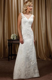 Sheath Appliqued Floor-Length V-Neck Sleeveless Wedding Dress With Flower And Deep-V Back