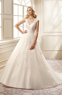 Ball Gown V-Neck Long Appliqued Cap-Sleeve Lace&Satin Wedding Dress