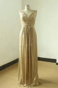 Floor-length Gold Sequined V-neck Gown With Low V Back