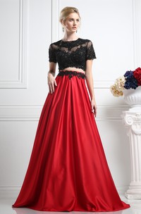 Two-Piece A-Line Maxi Jewel-Neck Short Sleeve Satin Illusion Dress With Appliques