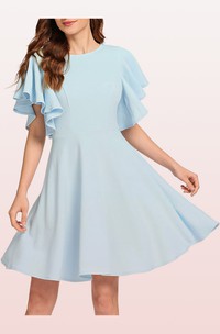 A Line Short Sleeve Jersey Modest Elegant Zipper Dress with Pleats