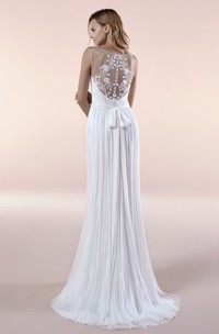 Deep V-neck Illusion Sleeveless Chiffon Gown With Sash And Pleats