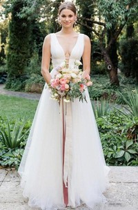A Line Sleeveless Tulle Romantic Deep-V Back Wedding Dress with Ruffles