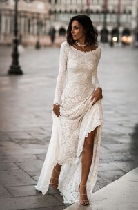 Elegant Lace Sheath Scoop Long Sleeves Low-V Back Wedding Dress
