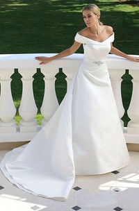 Off-The-Shoulder Satin Wedding Dress With Broach And Watteau Train