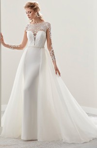 Illusion Long-Sleeve Jewel-Neck Gown With Detachable Train And Pearl Belt