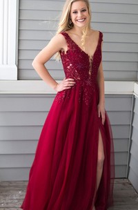 A Line Sleeveless Chiffon Romantic Formal Dress with Appliques and Split Front